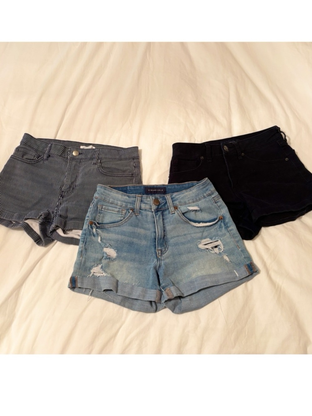 Aeropostale Light Blue, Black, and Striped Distressed Denim Shorts